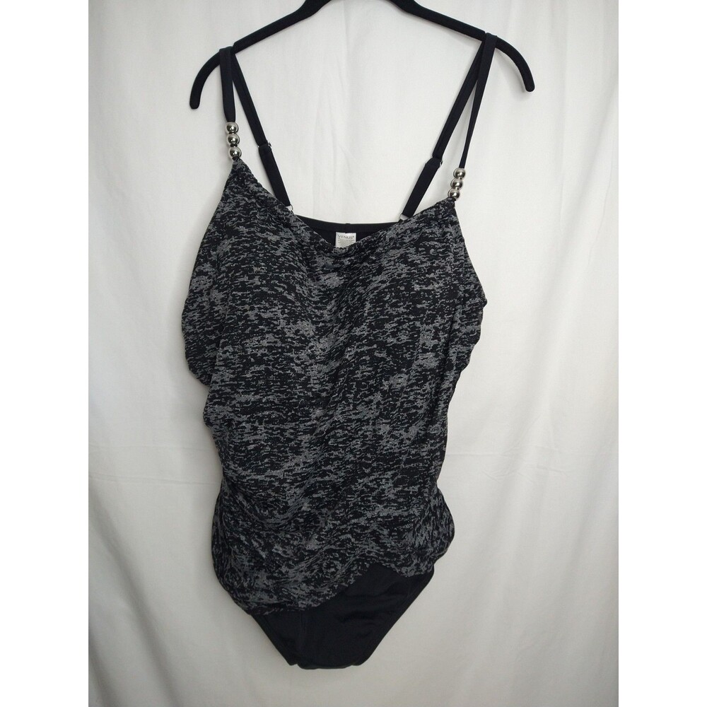 Venus One Piece Black/Gray Swimsuit Women Plus Size 24W Beaded Straps Beach Swim